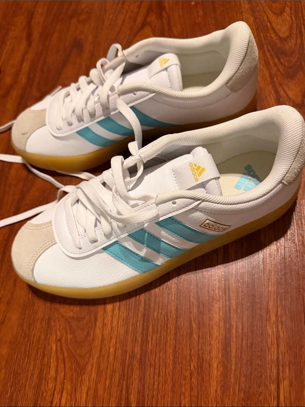adidas White Sneakers with Teal Stripes and Gum Sole